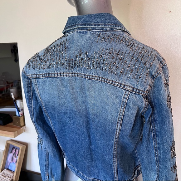 ZARA | Blue beaded distressed dressy spring summer denim rare jean jacket coat - Picture 12 of 16